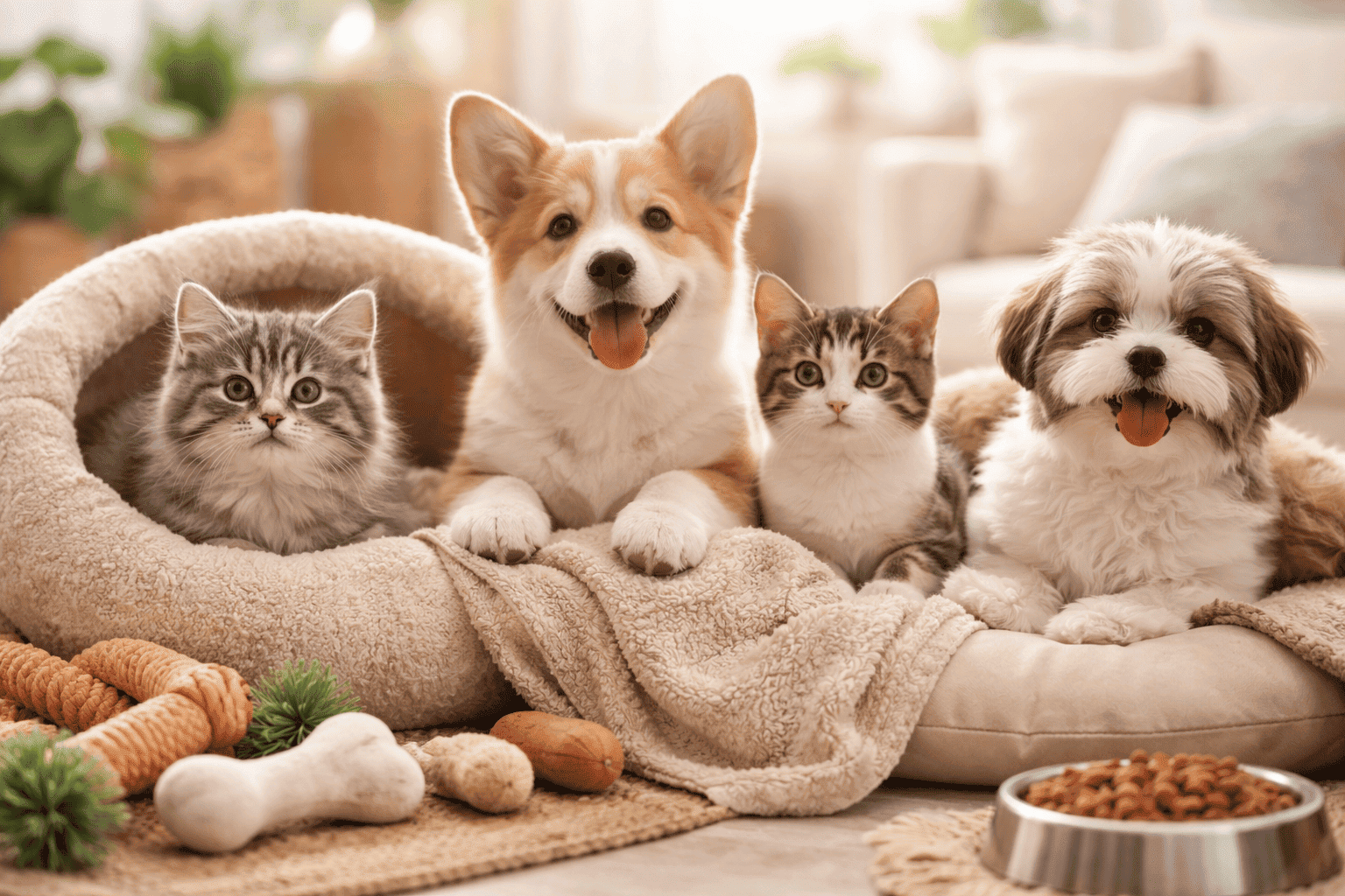 Happy dogs and cats relaxing together in a cozy home environment with pet beds, toys, and food bowls